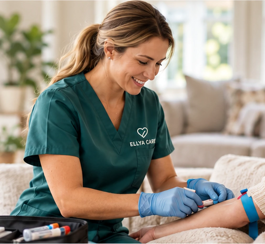 Illustrative image of a healthcare professional assisting a patient with a blood draw in a home setting